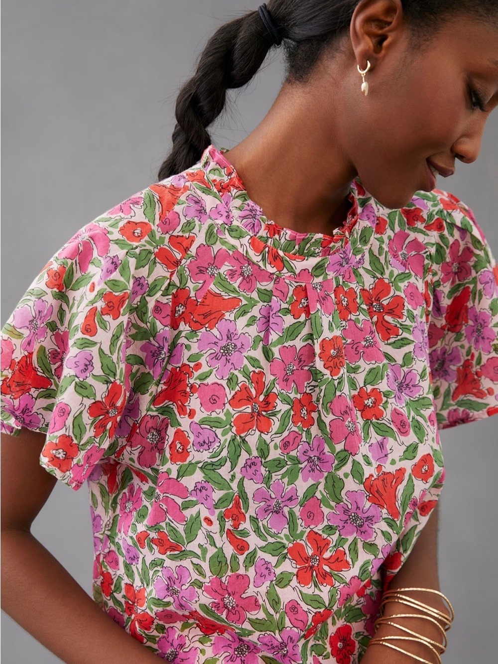 Banjanan Pink & Red Floral Short-Sleeve Blouse
